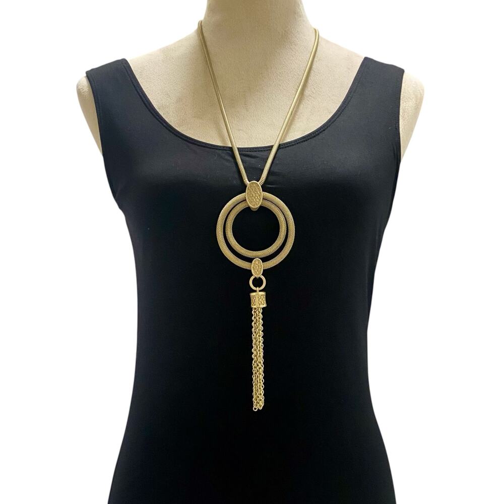 Chico's Gold Tone Large 8" Pendant w/ Tassel Chain 28 " & 4" Extension Statement